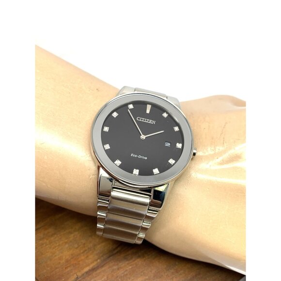 Citizen Men's Watch AU1060-51G Eco Drive Diamond Accent Black Dial Silver Steel - Picture 6 of 14